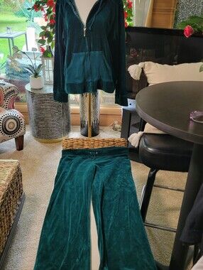Velour Zip Hoodie & Wide Leg Lounge Pants - Green Set